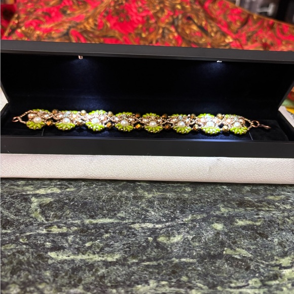 Hand crafted bracelet beige gold pearls tourmalines olive bronze beads gift box - Picture 10 of 10